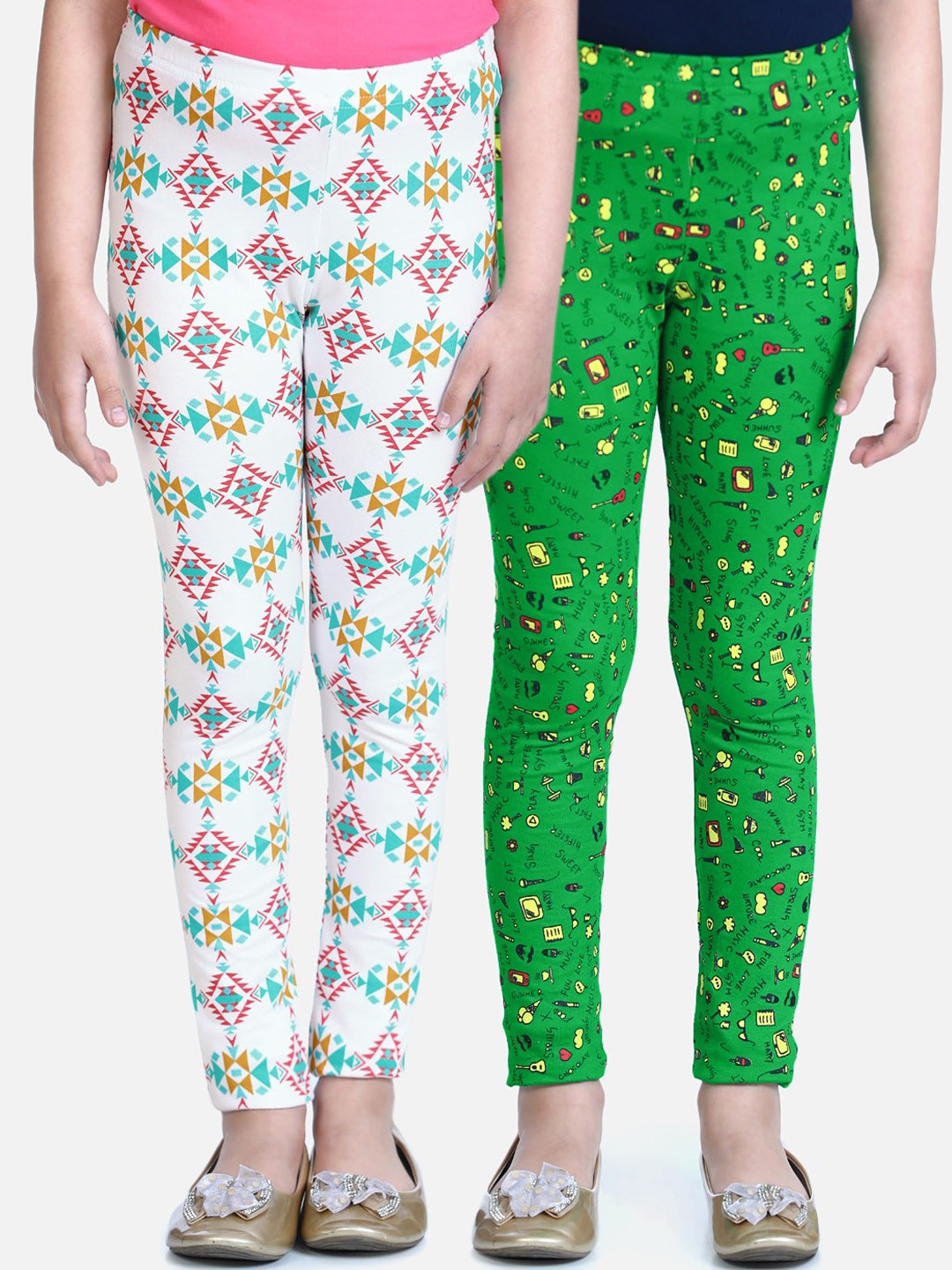 

Naughty Ninos Girls Pack Of 2 Green & White Printed Ankle-Length Leggings