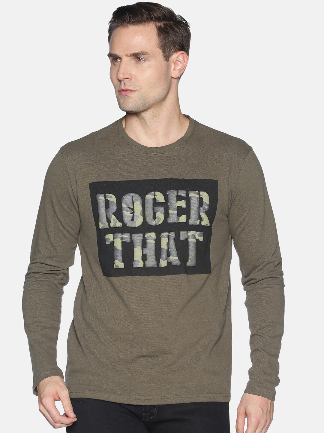 

UrGear Men Olive Green Printed Round Neck Pure Cotton T-shirt