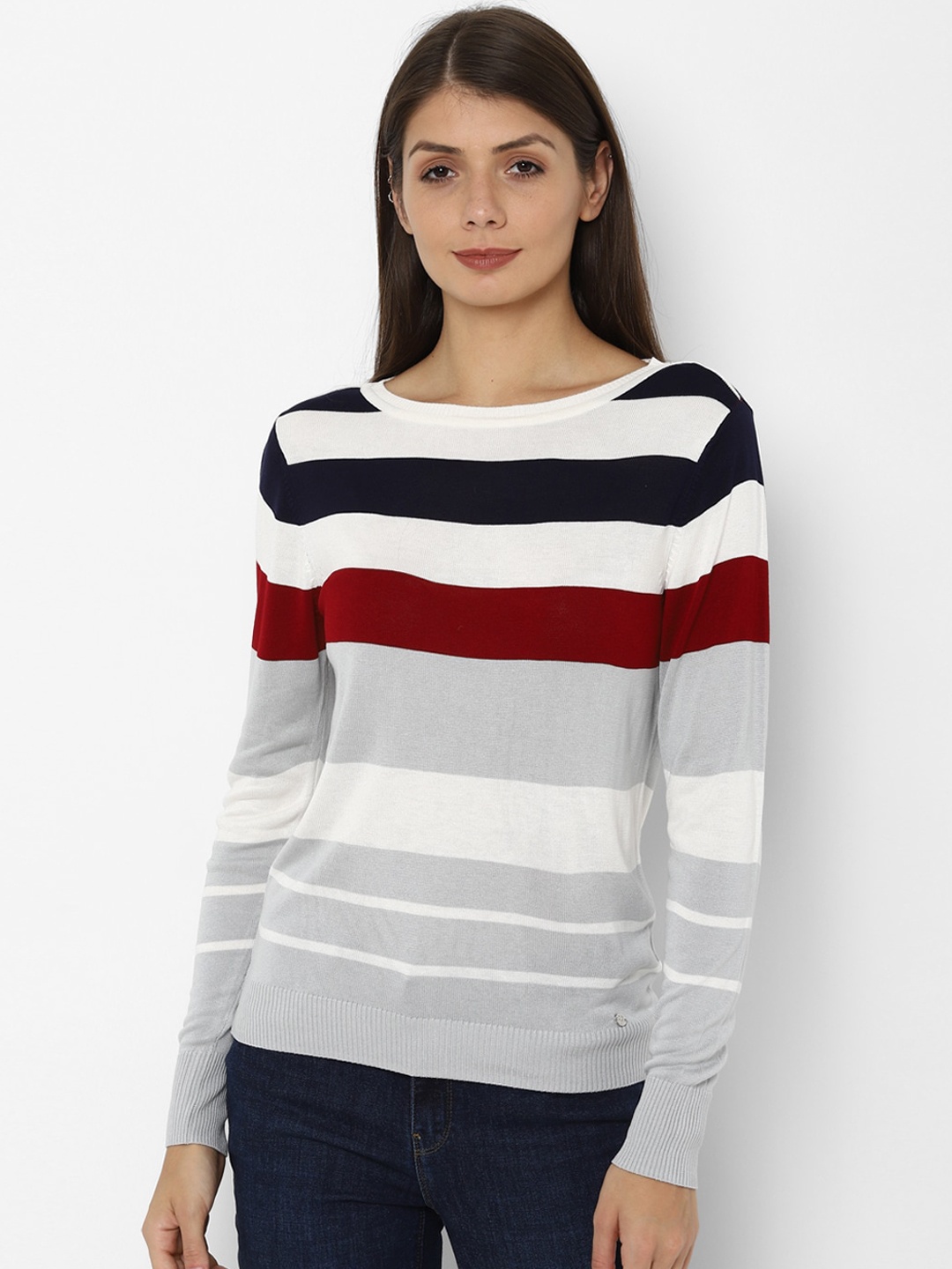

Allen Solly Woman Grey Striped Regular Top