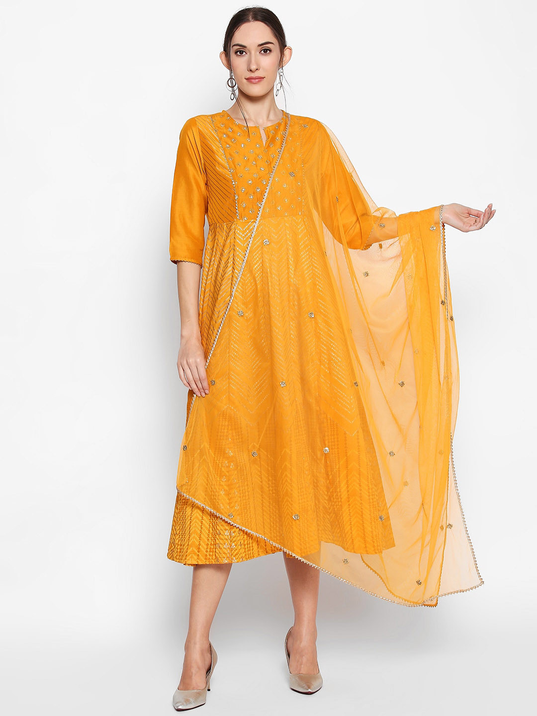 

RANGMANCH BY PANTALOONS Women Mustard Embellished A-Line Dress