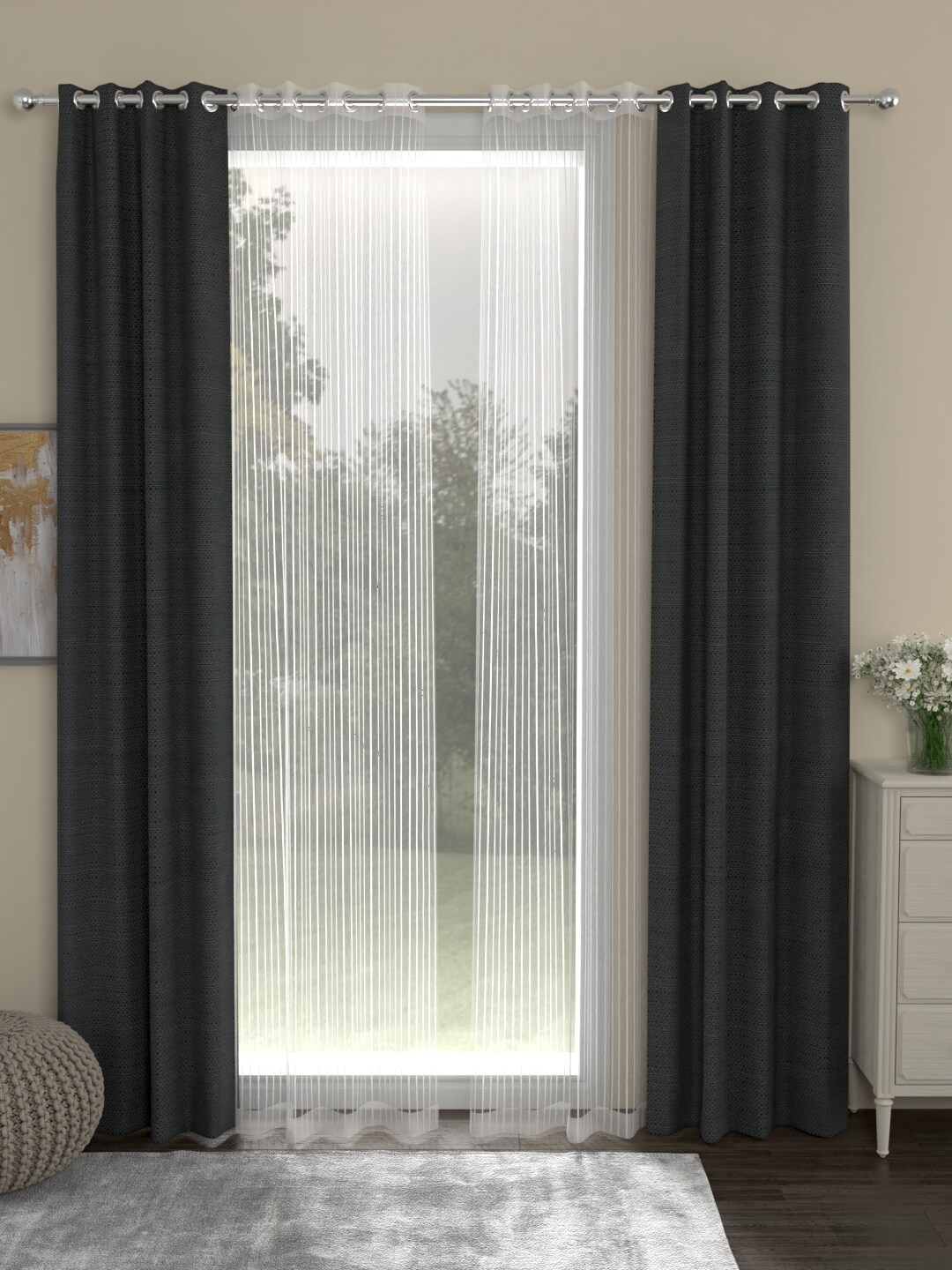 

ROSARA HOME Charcoal & White Set of 4 Door Curtains