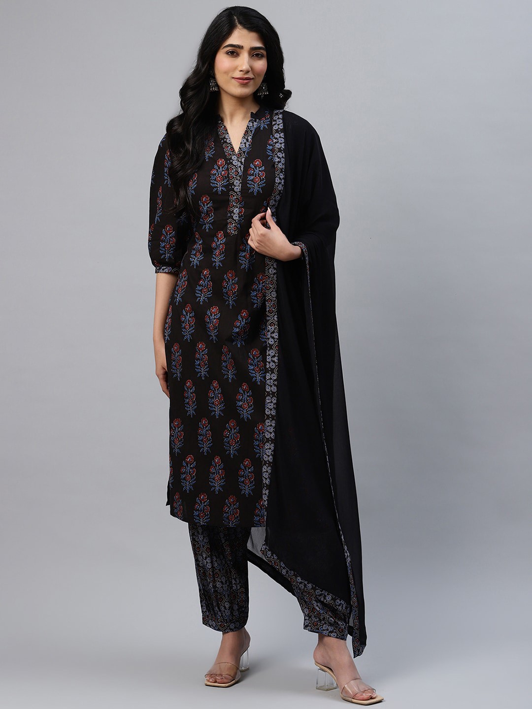 

Libas Women Black & Blue Printed Cotton Kurta with Salwar & Dupatta