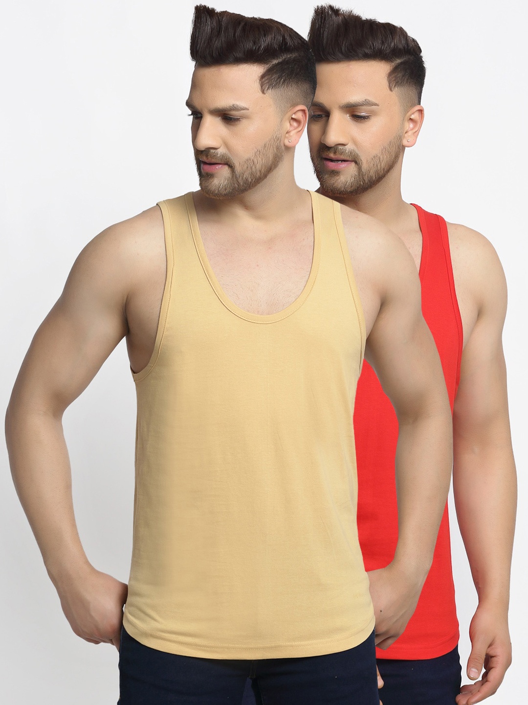 

Friskers Men Pack Of 2 Solid Gym Cotton Vests, Red