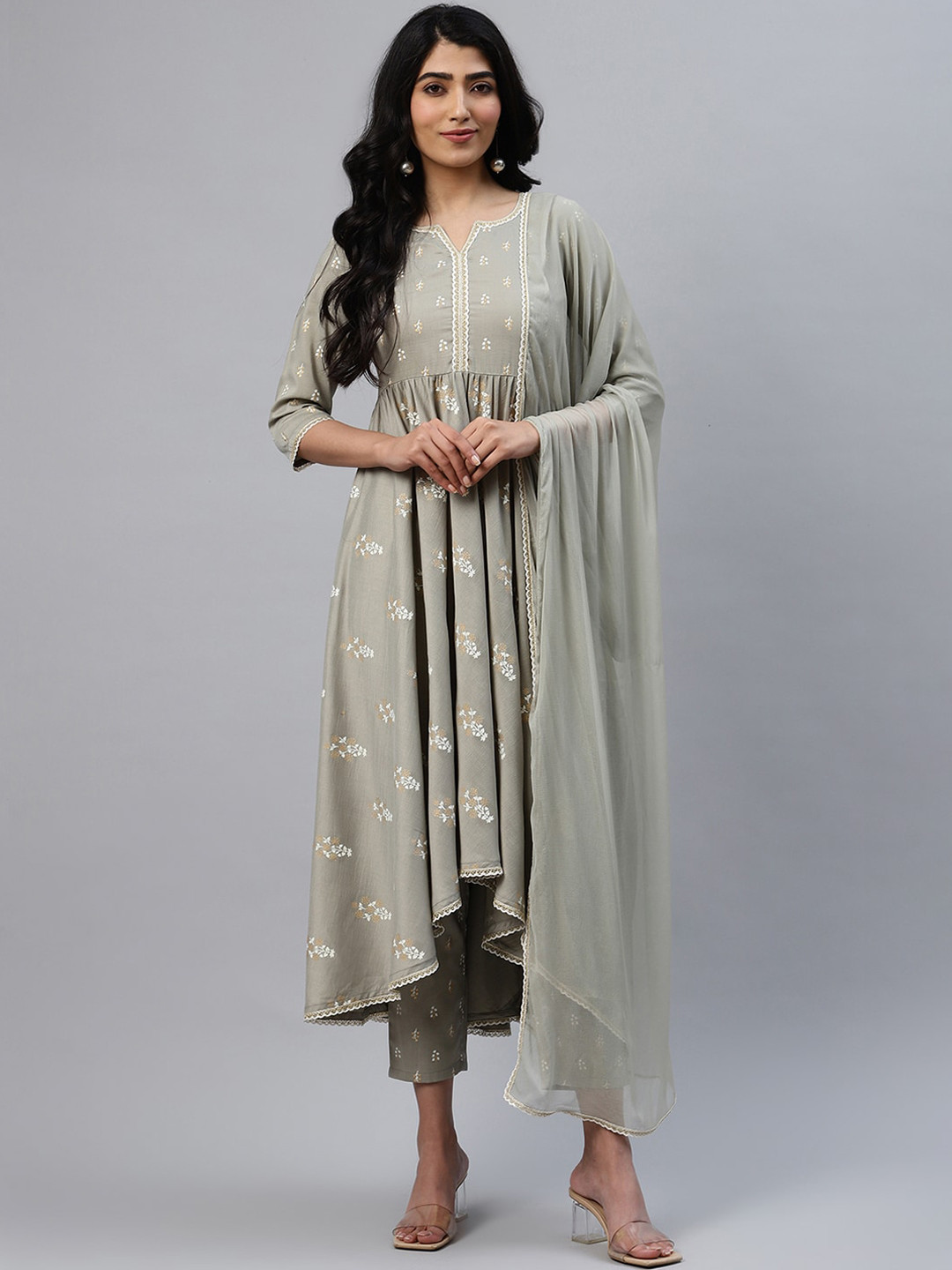 

Libas Women Green & Beige Printed Kurta with Trousers & Dupatta