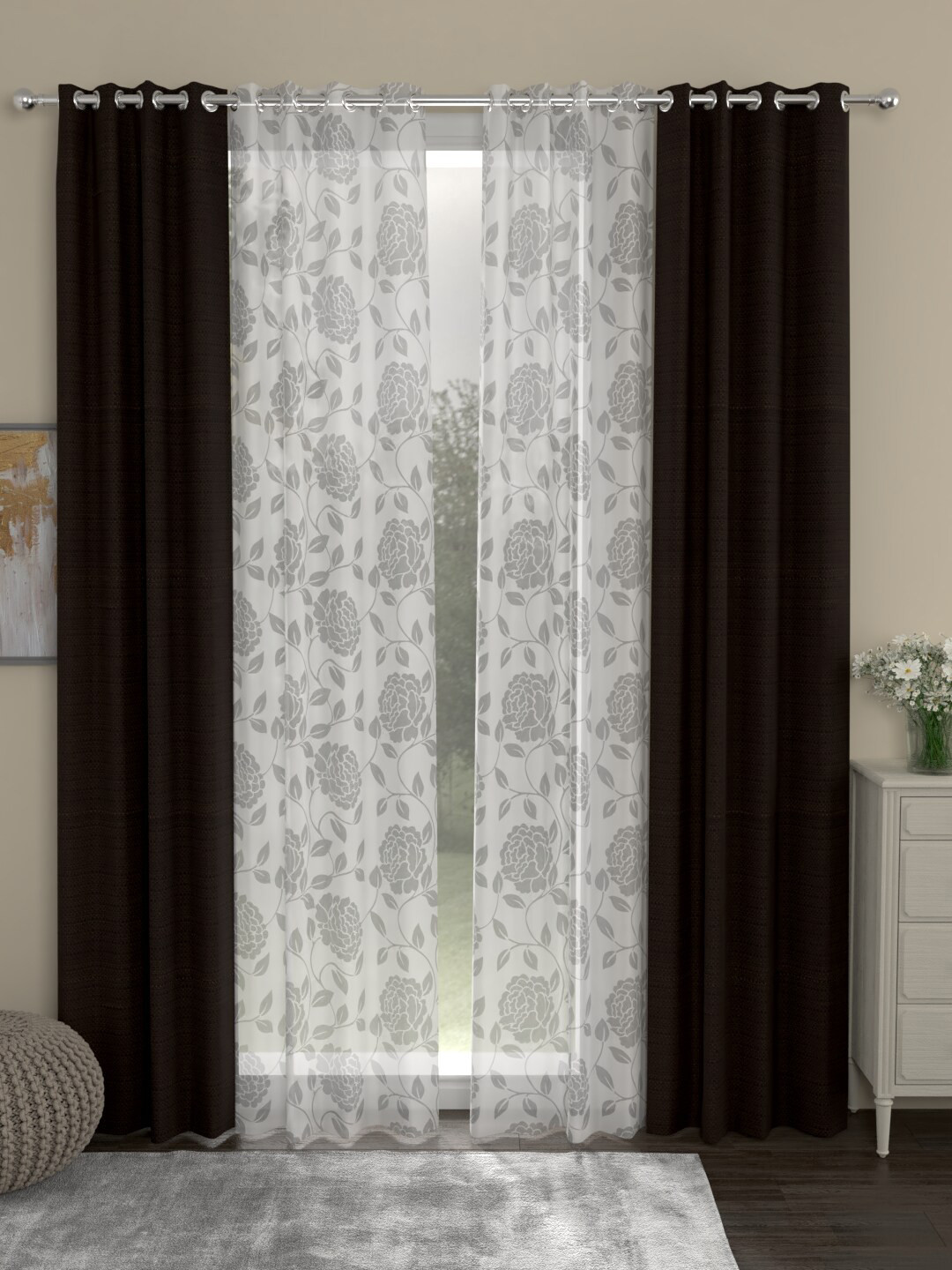 

ROSARA HOME Coffee Brown & White Set of 4 Door Curtains