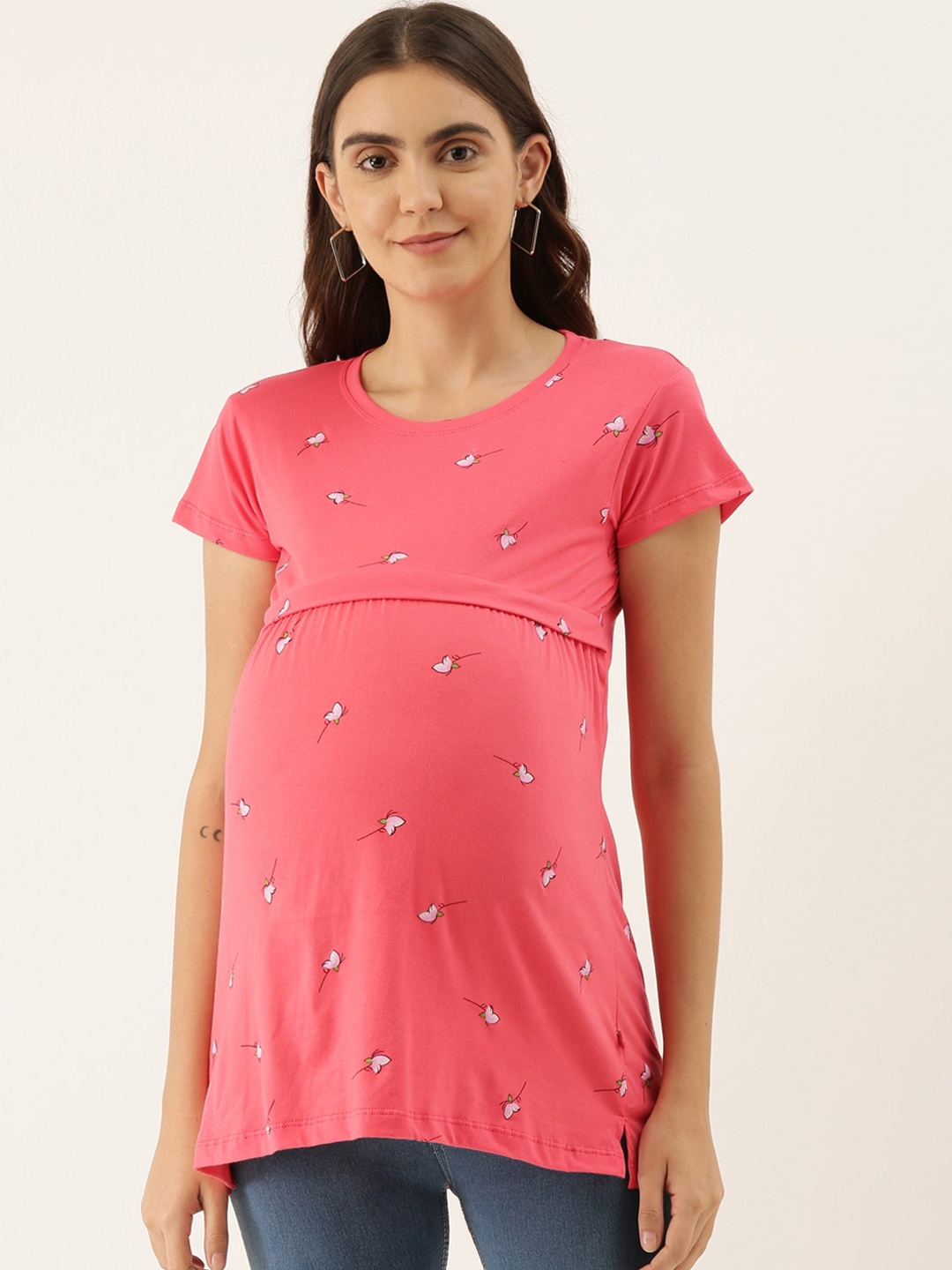 

GOLDSTROMS Women's Pink & Green Printed Maternity Nursing Tunic