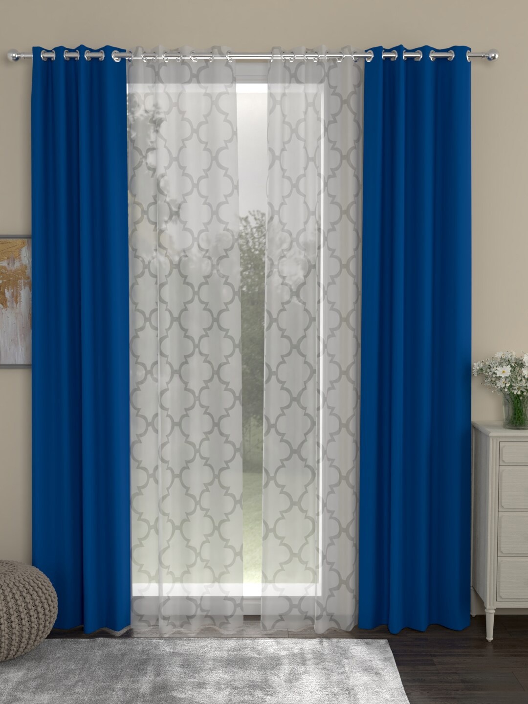 ROSARA HOME Blue & White Set of 4 Long Door Blackout Curtains