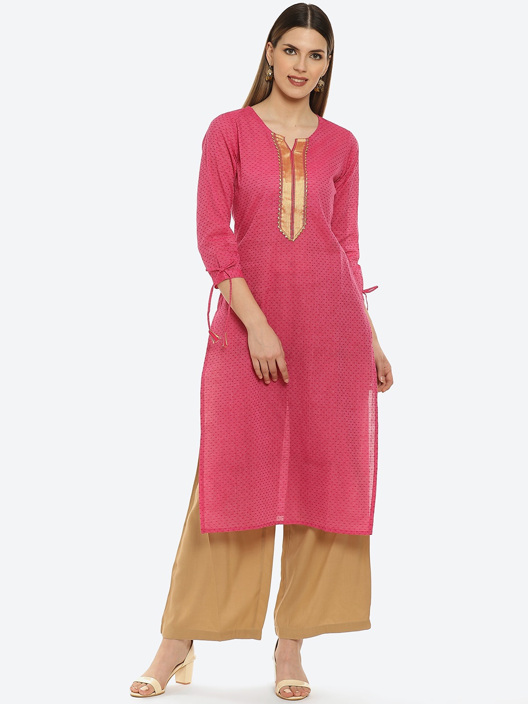 

Kurti's by Menka Women Pink & Beige Yoke Design Kurta with Palazzos