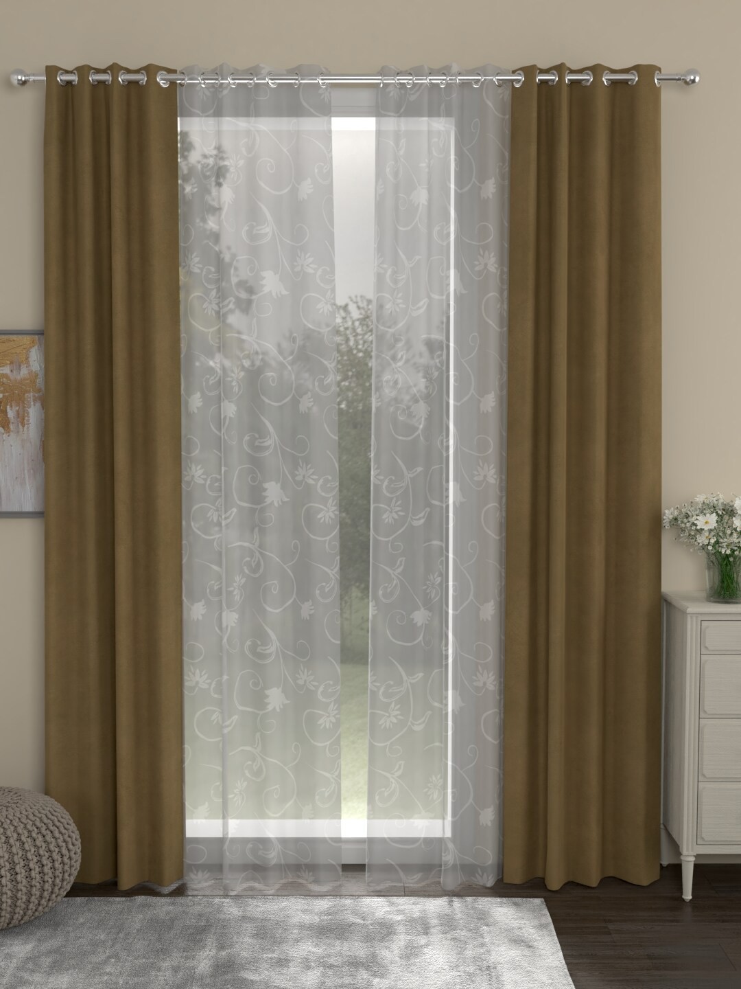 

ROSARA HOME Beige & Grey Set of 4 Floral Long Door Curtains
