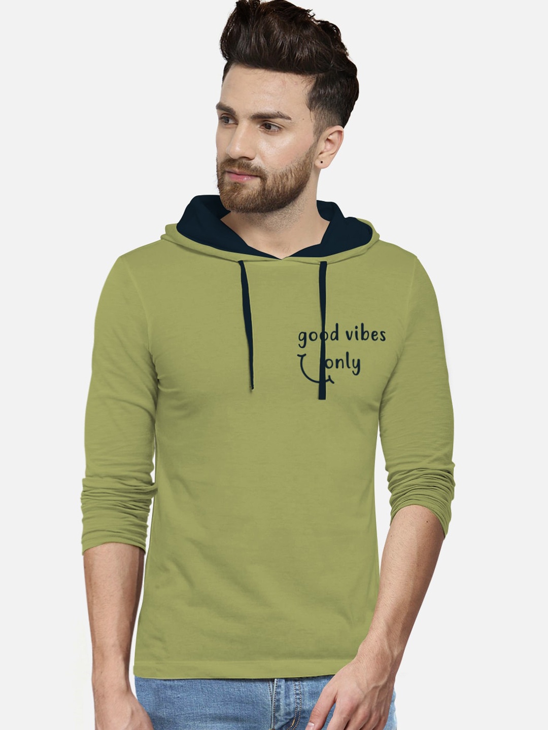 

BULLMER Men Green Printed Cotton Hood Pure Cotton T-shirt