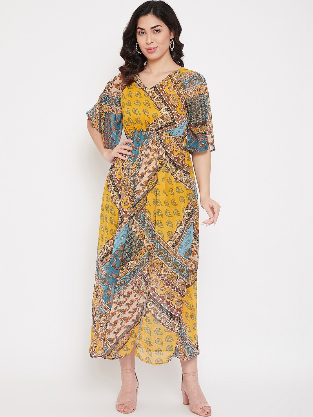 Ruhaans Women Yellow Printed Fit and Flare Dress