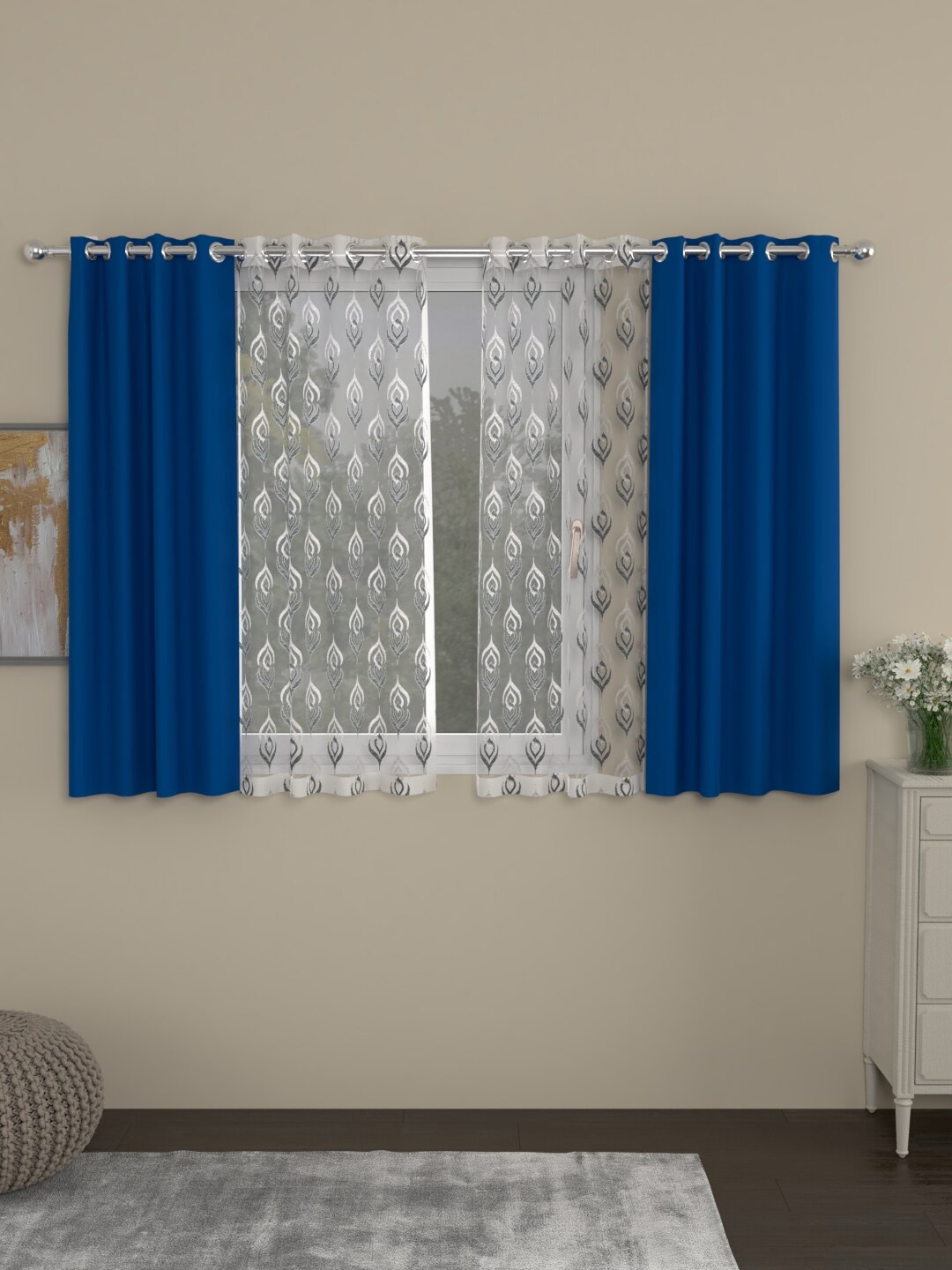 

ROSARA HOME Blue & Grey Set of 4 Black Out Window Curtains