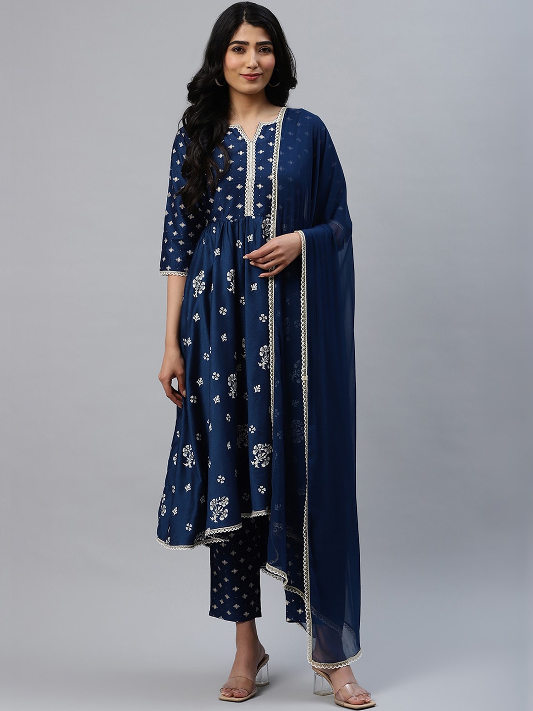 

Libas Women Blue & Off-White Printed Kurta with Trousers & Dupatta