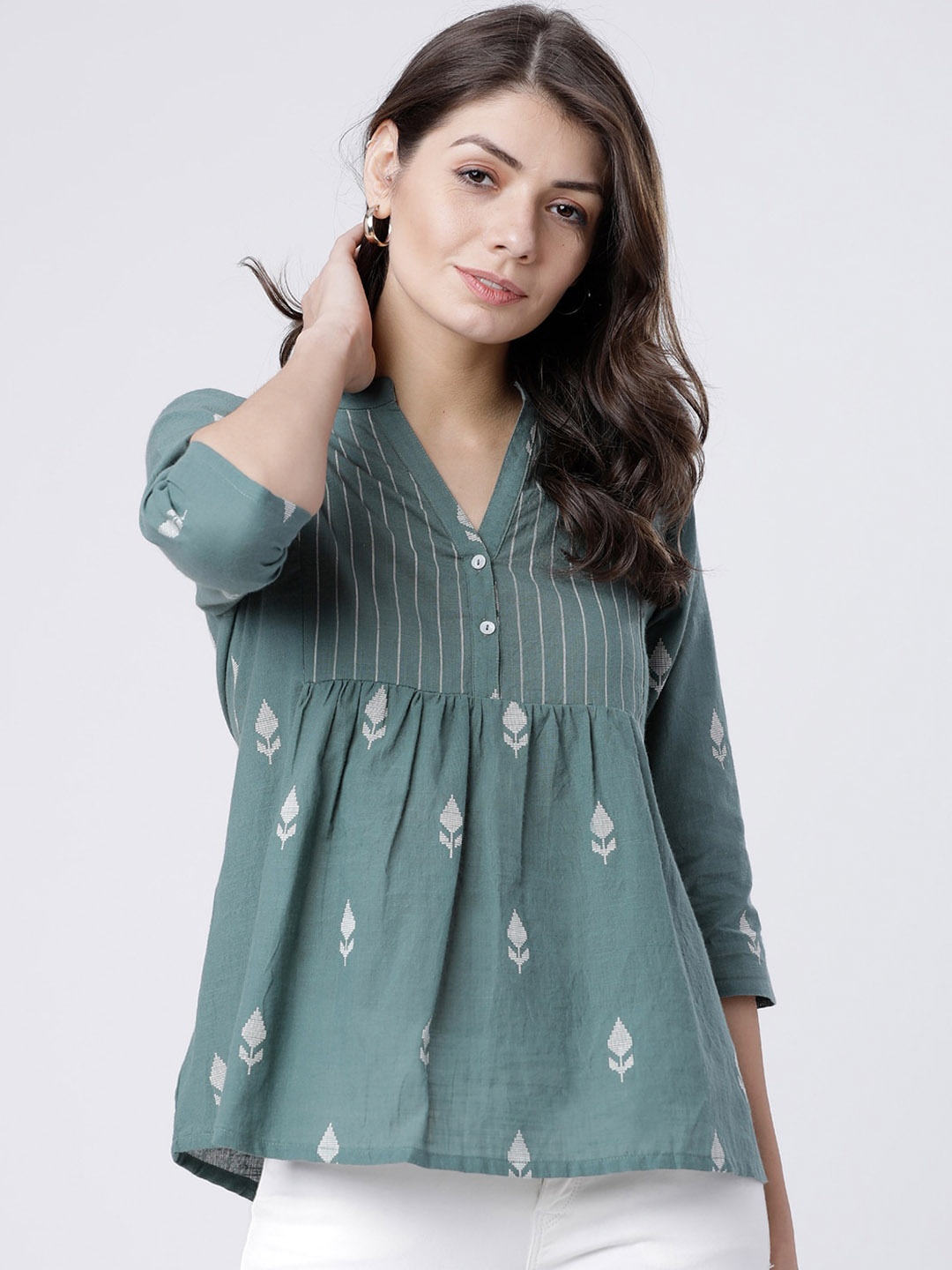 Vishudh Green Printed Mandarin Collar Pure Cotton Empire Top