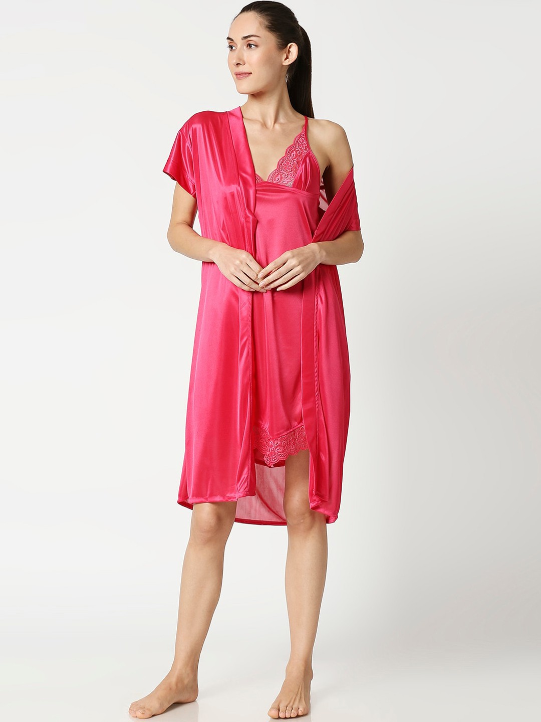 

AV2 Women Rose Solid Nightdress with Robe