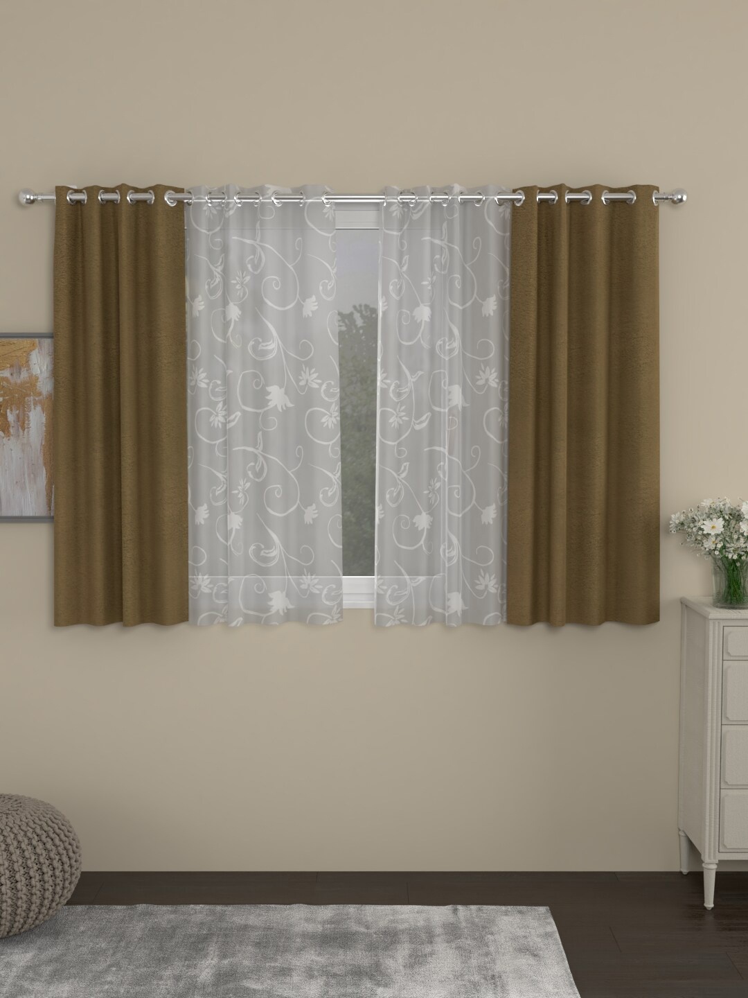 

ROSARA HOME Beige & White Set of 4 Regular & Sheer Velvet Window Curtains