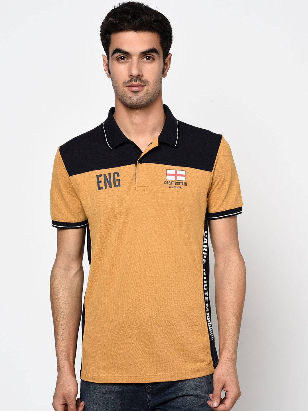 

Octave Men Mustard Yellow & Black Colourblocked Polo Collar T-shirt