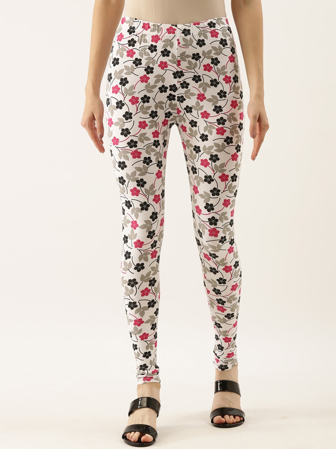 

Souchii Women White & Pink Printed Slim-Fit Ankle-Length Leggings