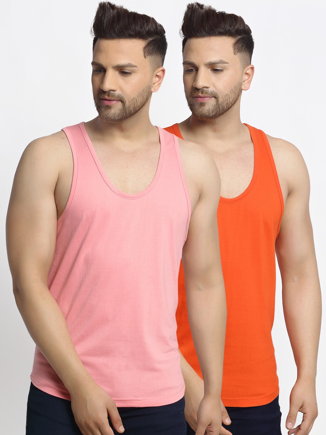 

Friskers Men Pack Of 2 Solid Apple Cut Cotton Gym Vests, Orange