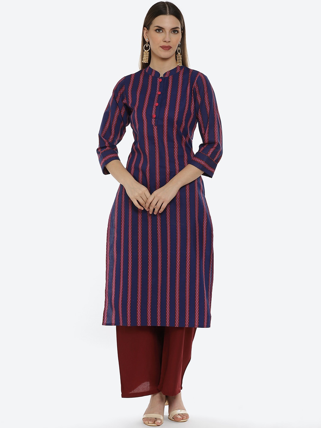 

Kurti's by Menka Women Navy Blue Striped Kurta