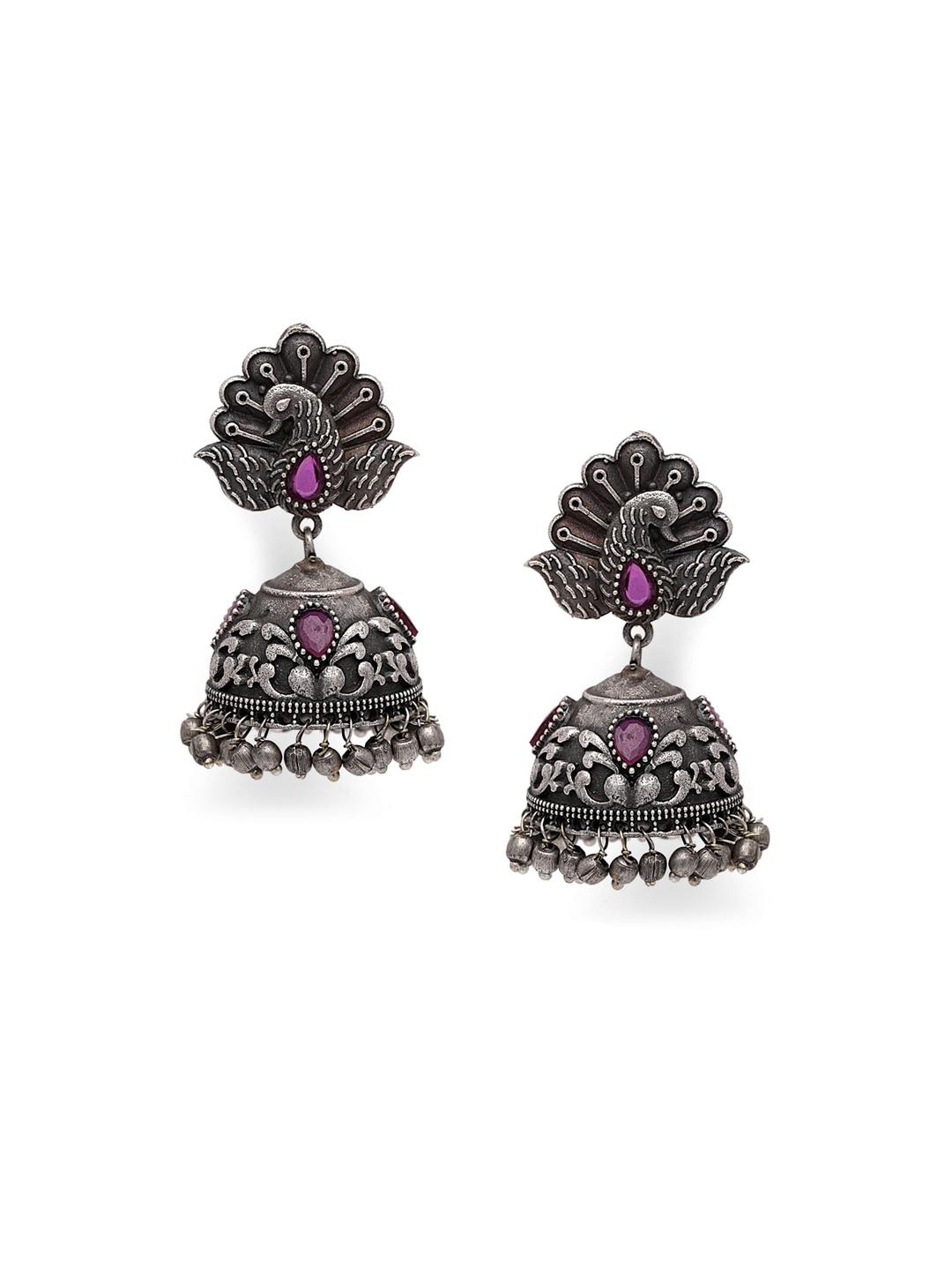 

Fabstreet Silver-Plated Black Oxidised Handcfrated Peacock Shaped Jhumkas