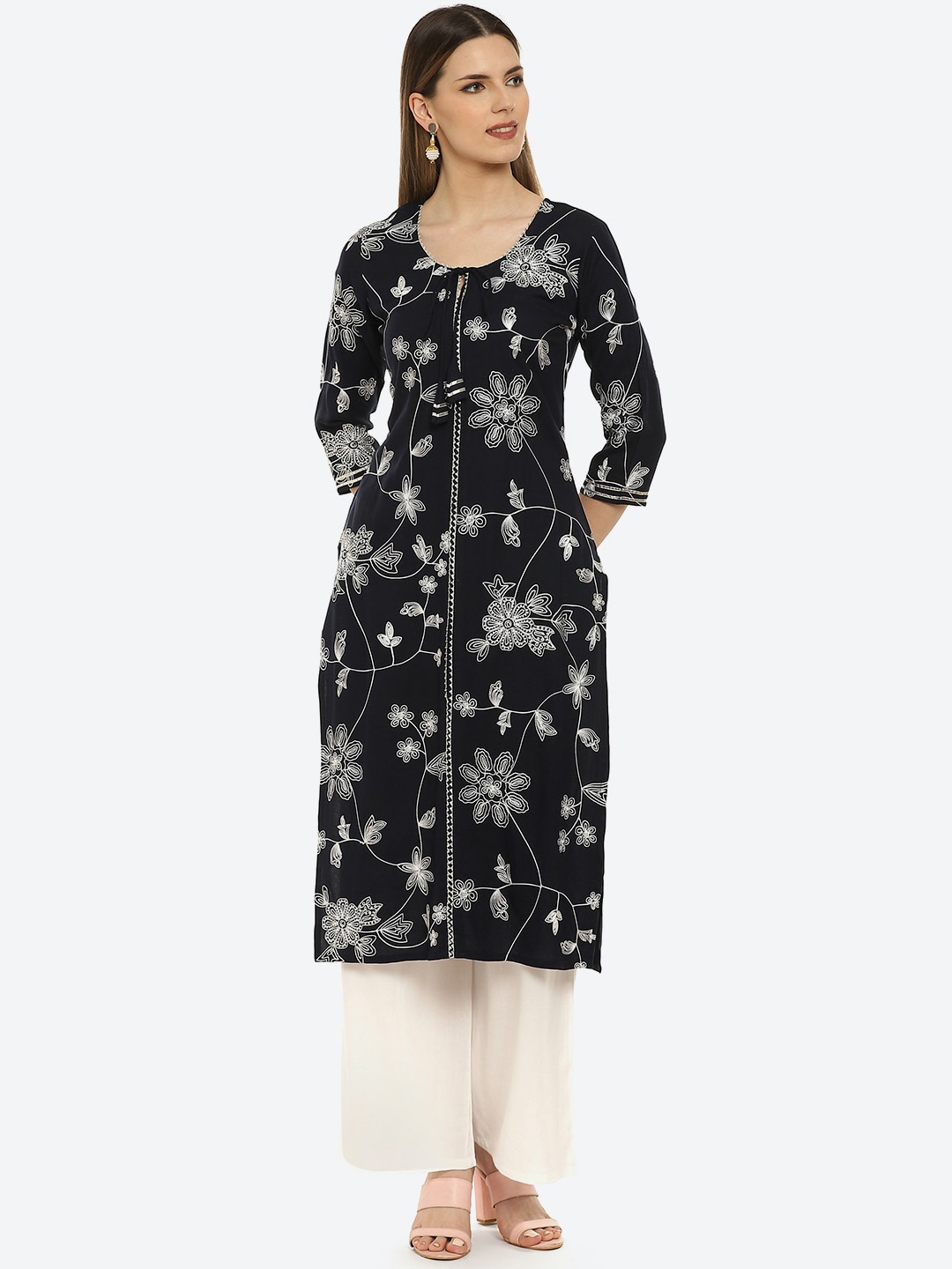 Kurti's by Menka Women Navy Blue & White Embroidered Kurta with Palazzos