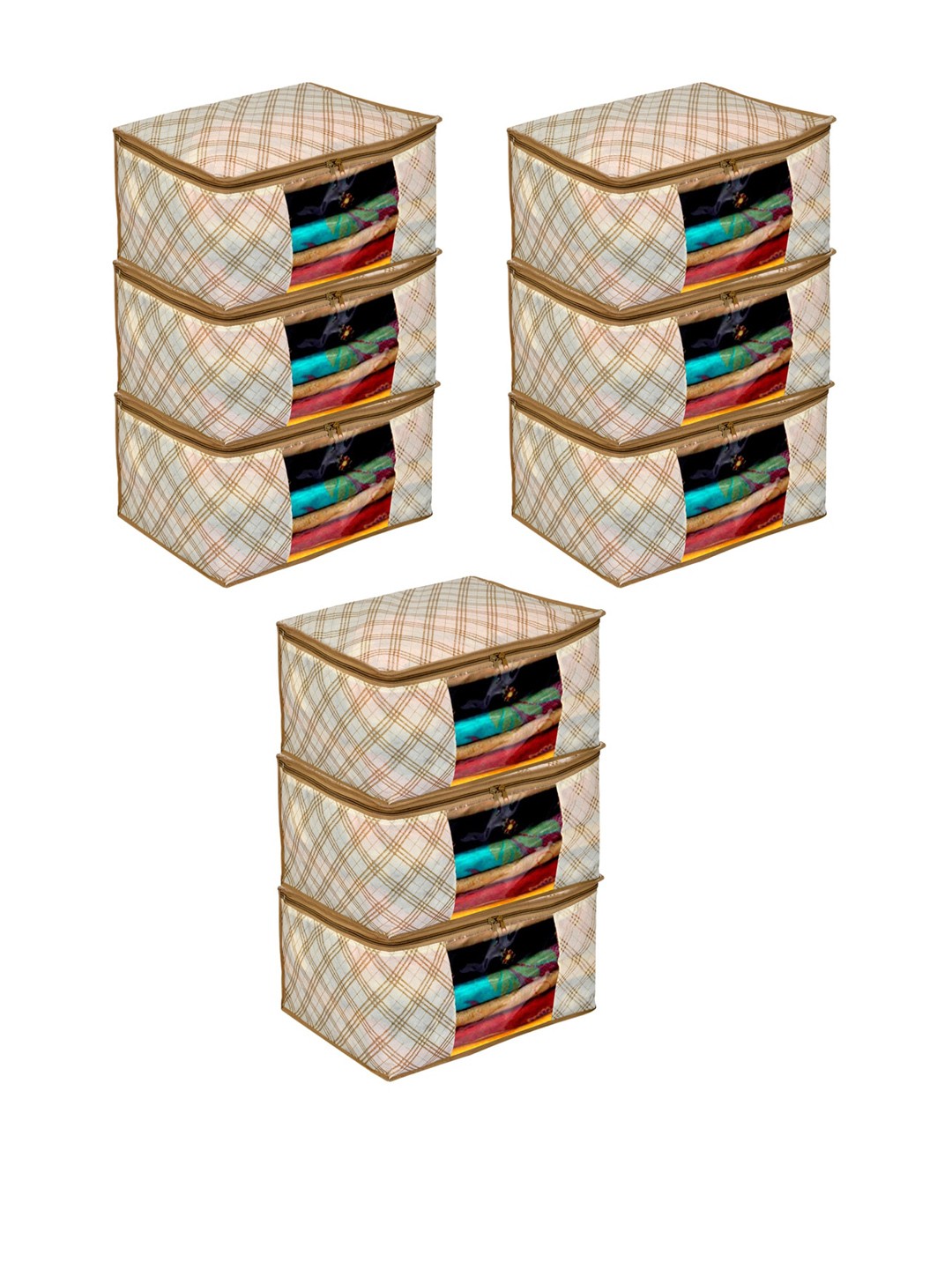 

Kuber Industries Set Of 9 Cream Coloured & Brown Metallic Check Printed Saree Organisers