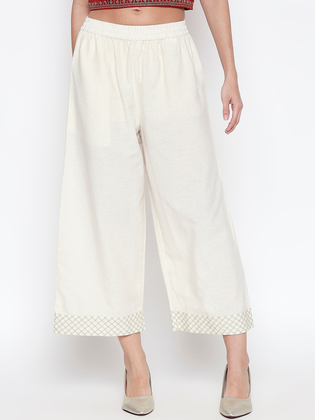 

RANGMANCH BY PANTALOONS Women Off-White & Silver-Toned Hem Design Straight Palazzos