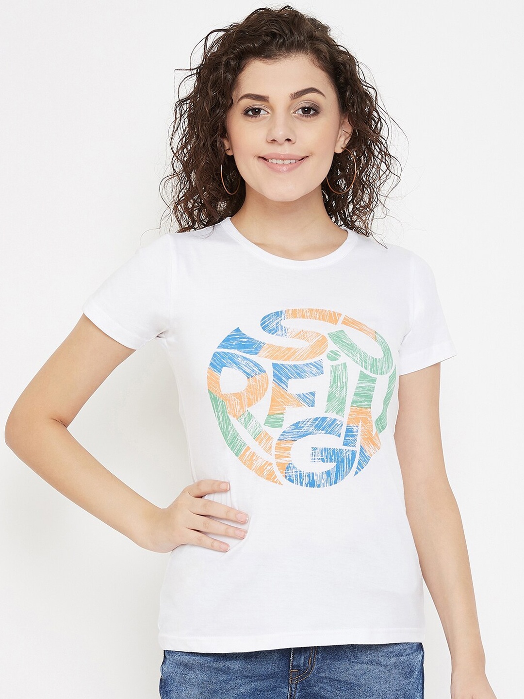 

Purple Feather Women White Printed Round Neck T-shirt
