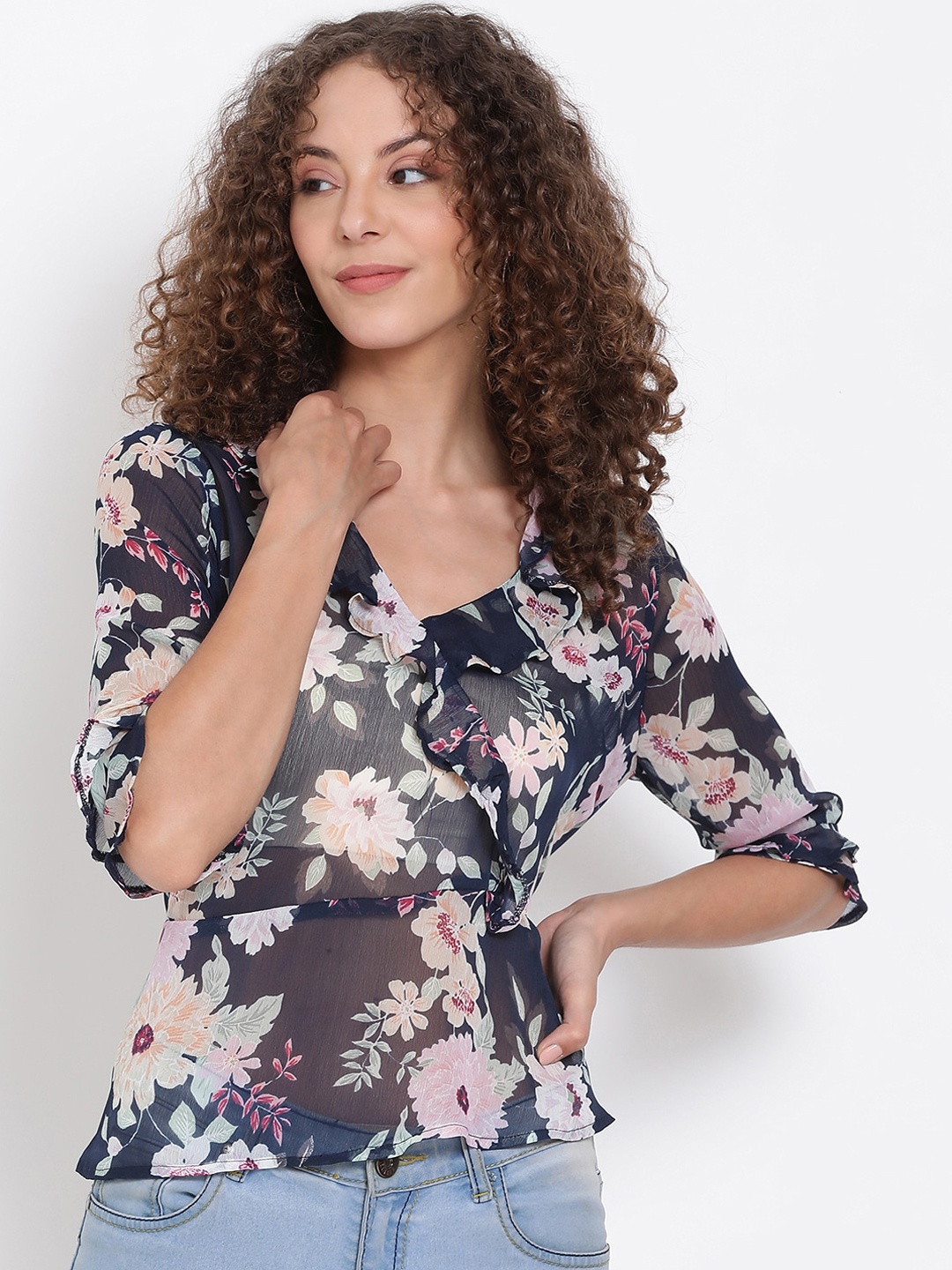 

Oxolloxo Navy Blue Floral Printed Tie-Up Neck Regular Top