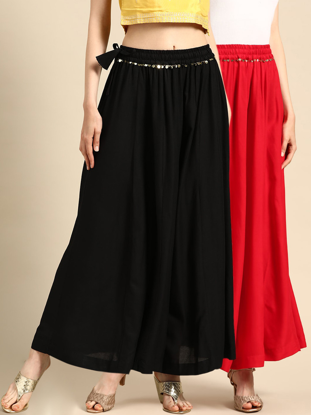 

TAG 7 Women Black & Red Solid Flared Palazzos