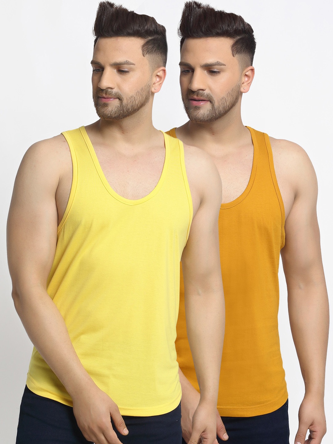 

Friskers Men Pack Of 2 Solid Gym Vests, Yellow