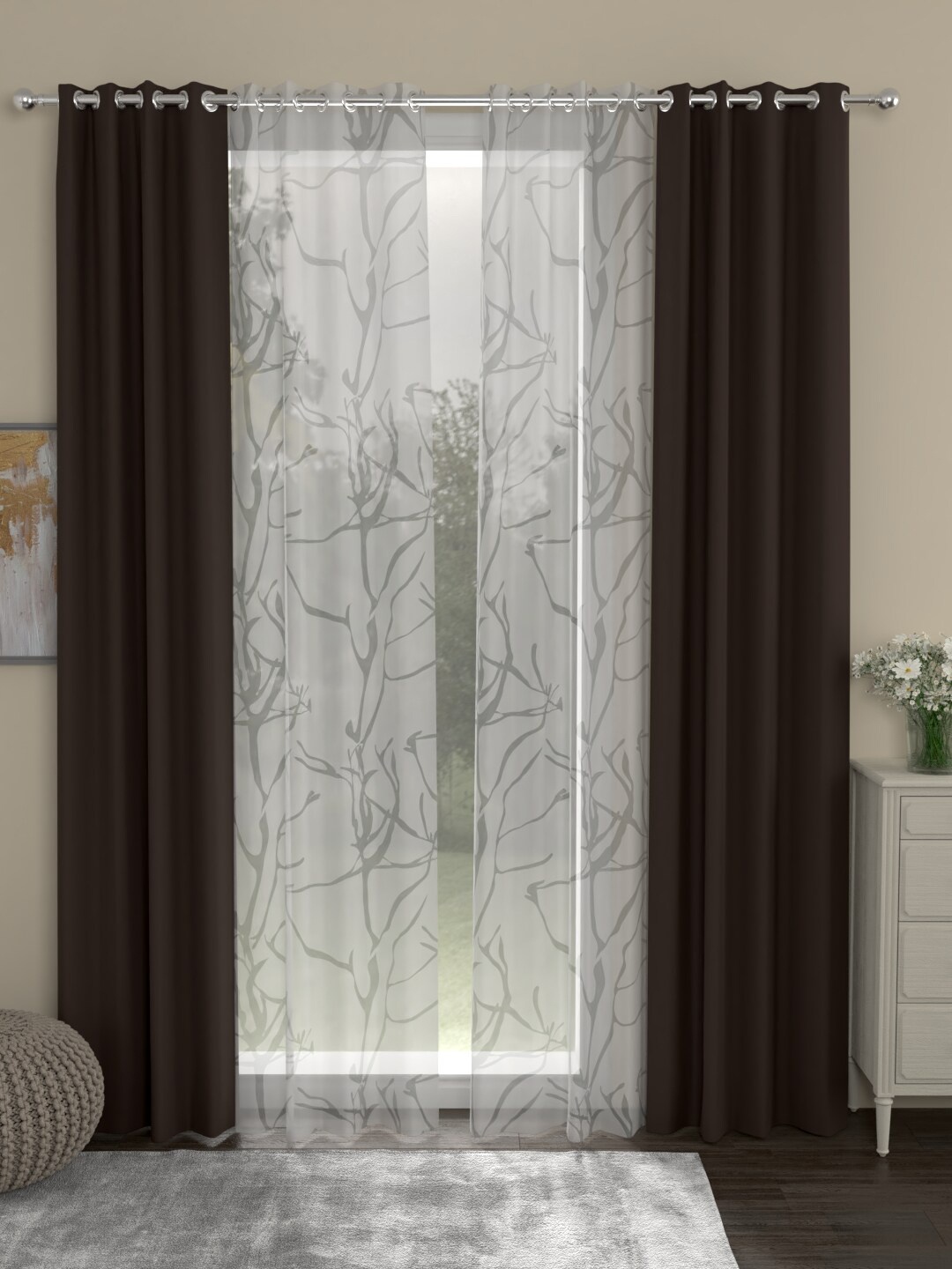 ROSARA HOME Coffee Brown & White Set of 4 Black Out Long Door Curtains