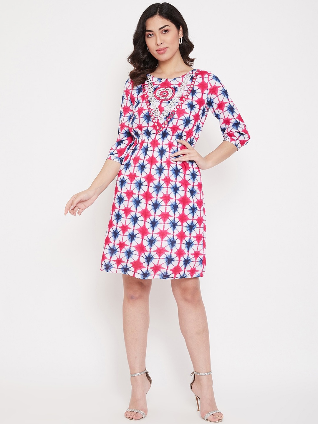 

Ruhaans Women Pink & White Printed Mirror Work Fit and Flare Dress