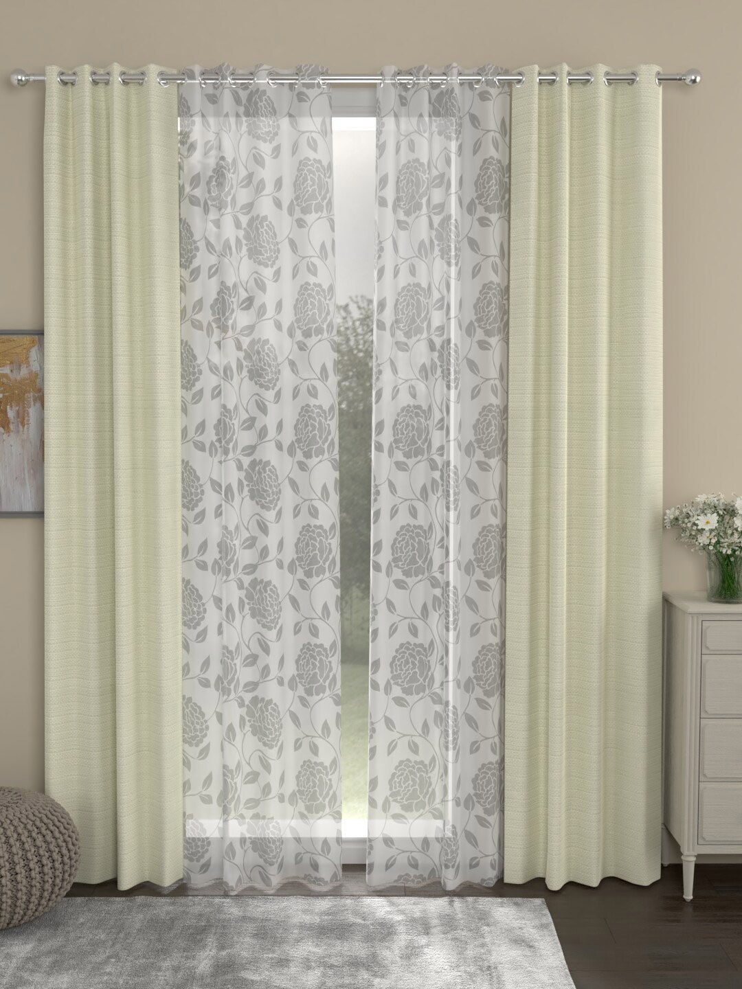 ROSARA HOME Cream-Coloured & White Set of 4 Long Door Curtains