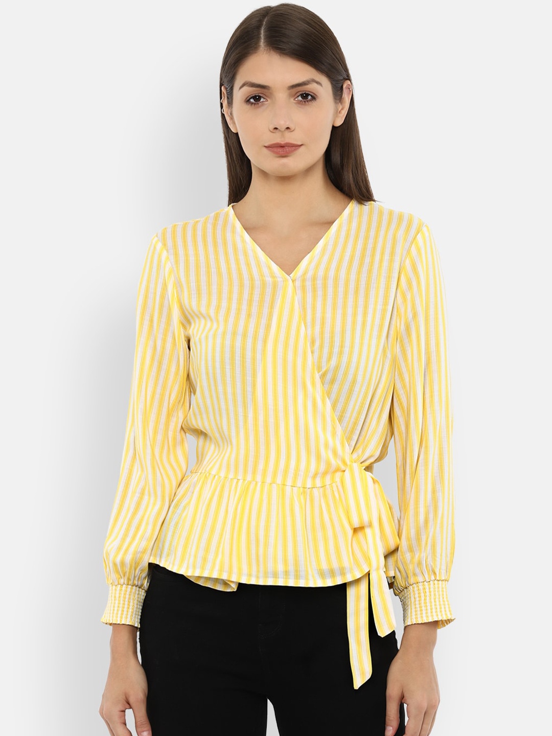 

Van Heusen Woman Yellow & White Striped Bell Sleeves Wrap Top