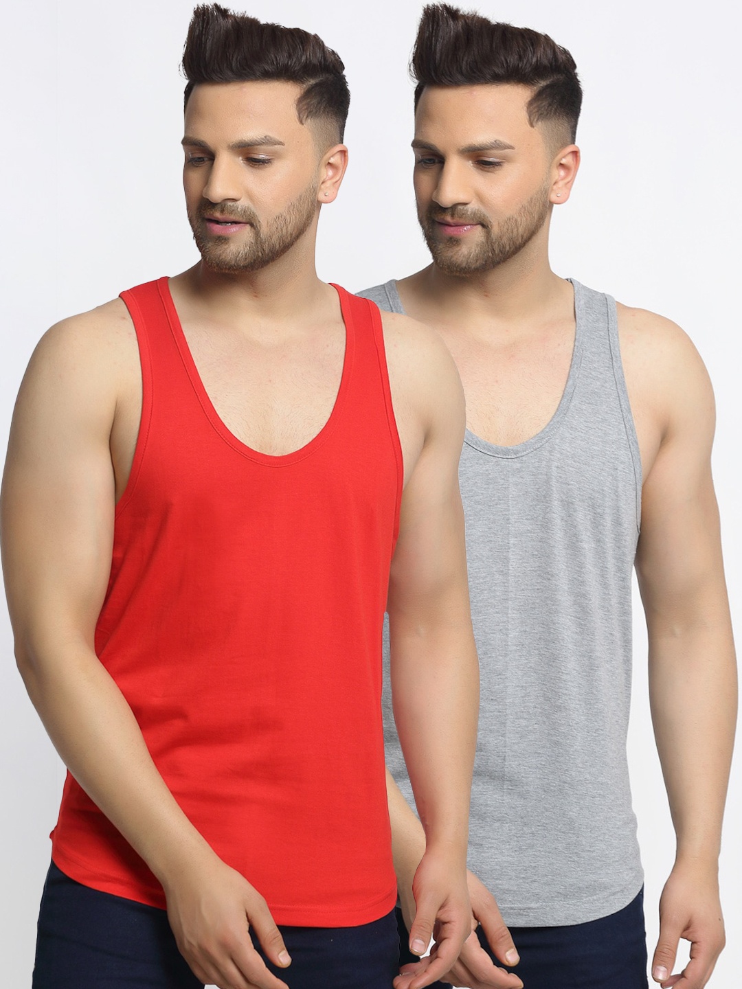 

Friskers Men Pack Of 2 Red & Grey Solid Cotton Gym Vests