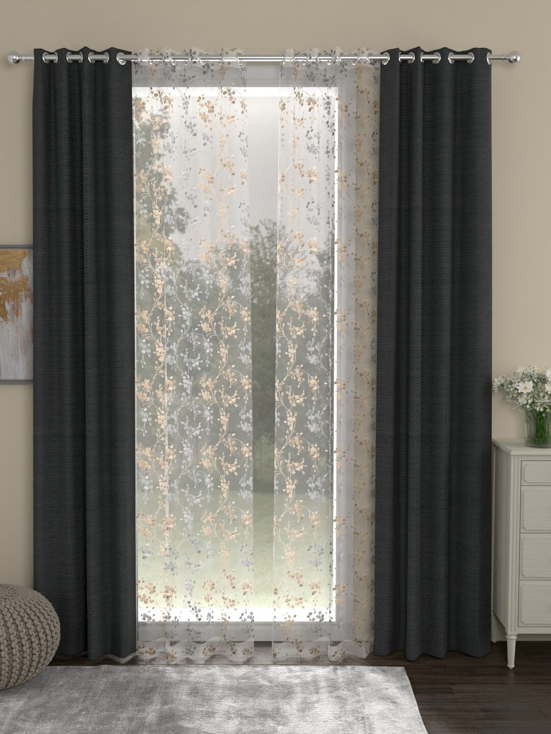 

ROSARA HOME Grey & Beige Set of 4 Long Door Curtains