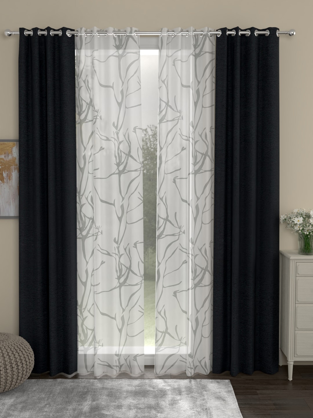 

ROSARA HOME Charcoal Grey & Off-White Set of 4 Door Velvet Curtains