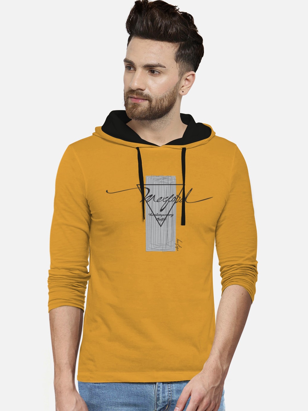 

BULLMER Men Yellow Printed Cotton Hood Pure Cotton T-shirt