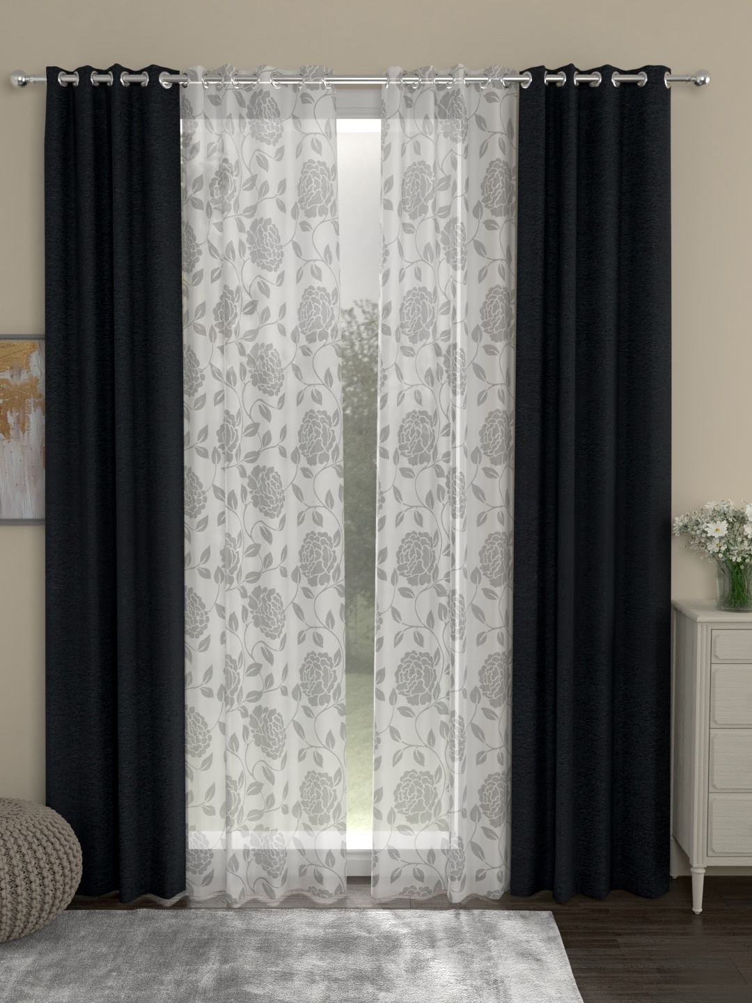 

ROSARA HOME Charcoal & White Set of 4 Long Door Curtains