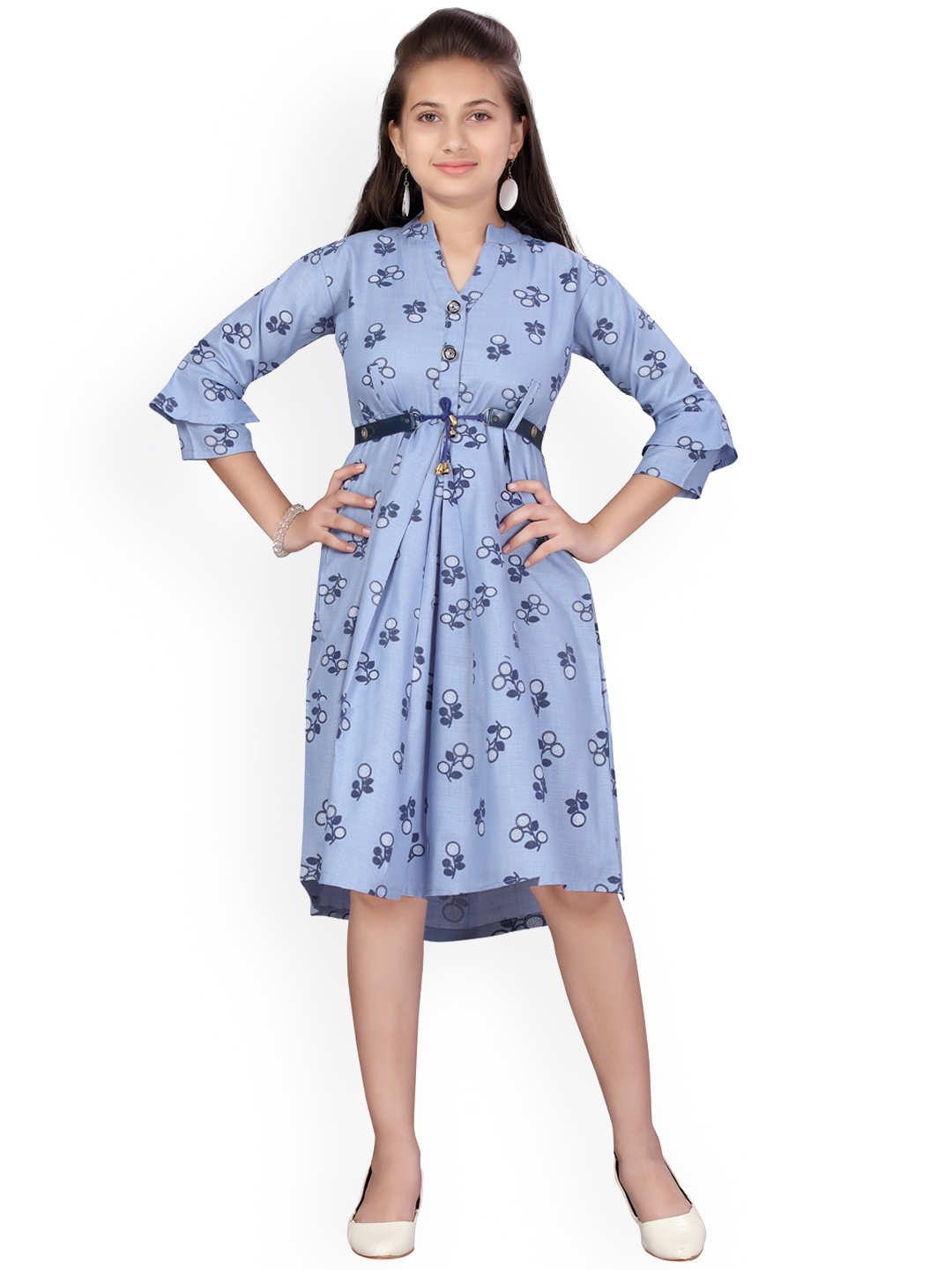 Aarika Girls Blue & White Floral Printed Shirt Dress