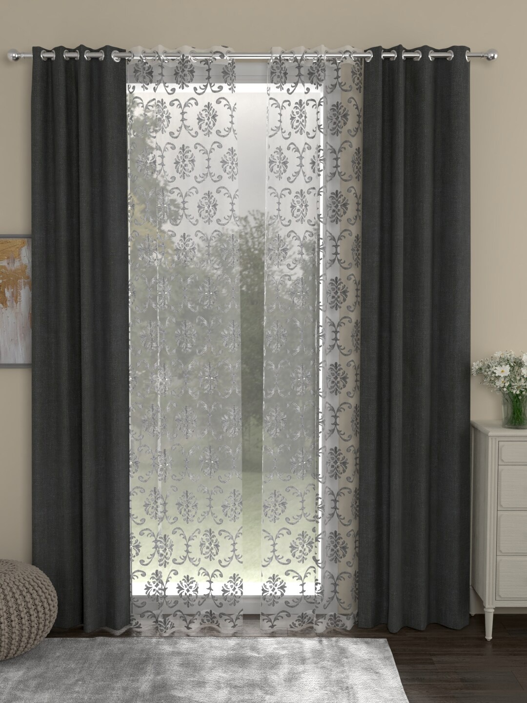 

ROSARA HOME Grey & White Set of 4 Regular & Sheer Door Curtains