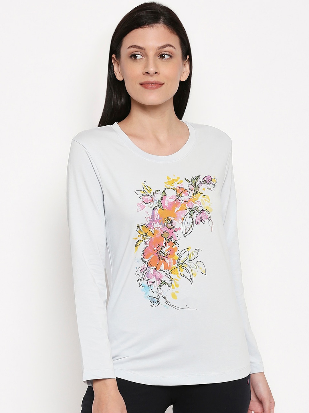

XIN Women Off-White Floral Printed Round Neck T-shirt