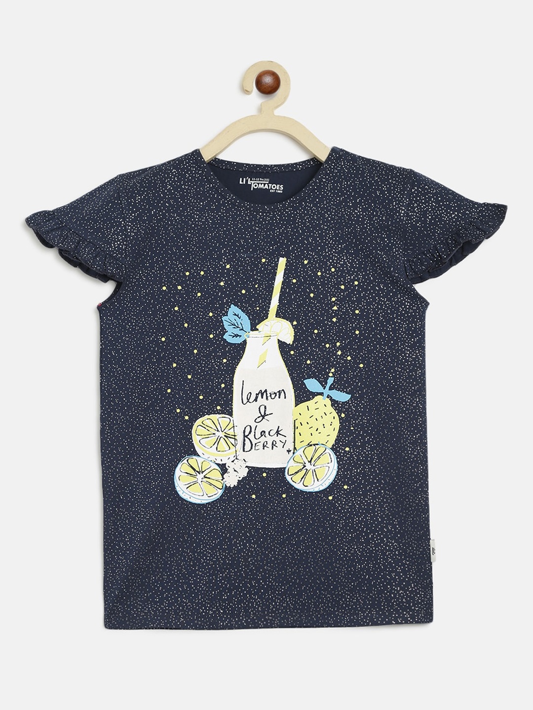 Lil Tomatoes Girls Navy Blue Printed Pure Cotton Regular Top with a Free Gift