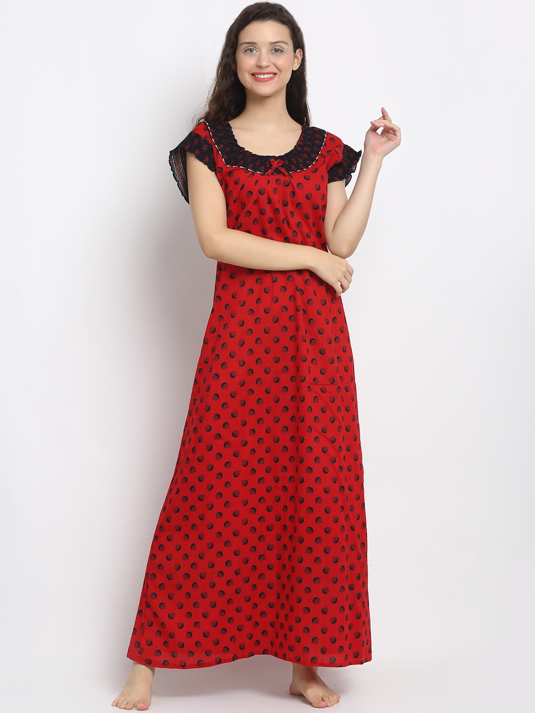 Secret Wish Red & Black Printed Cotton Nightdress