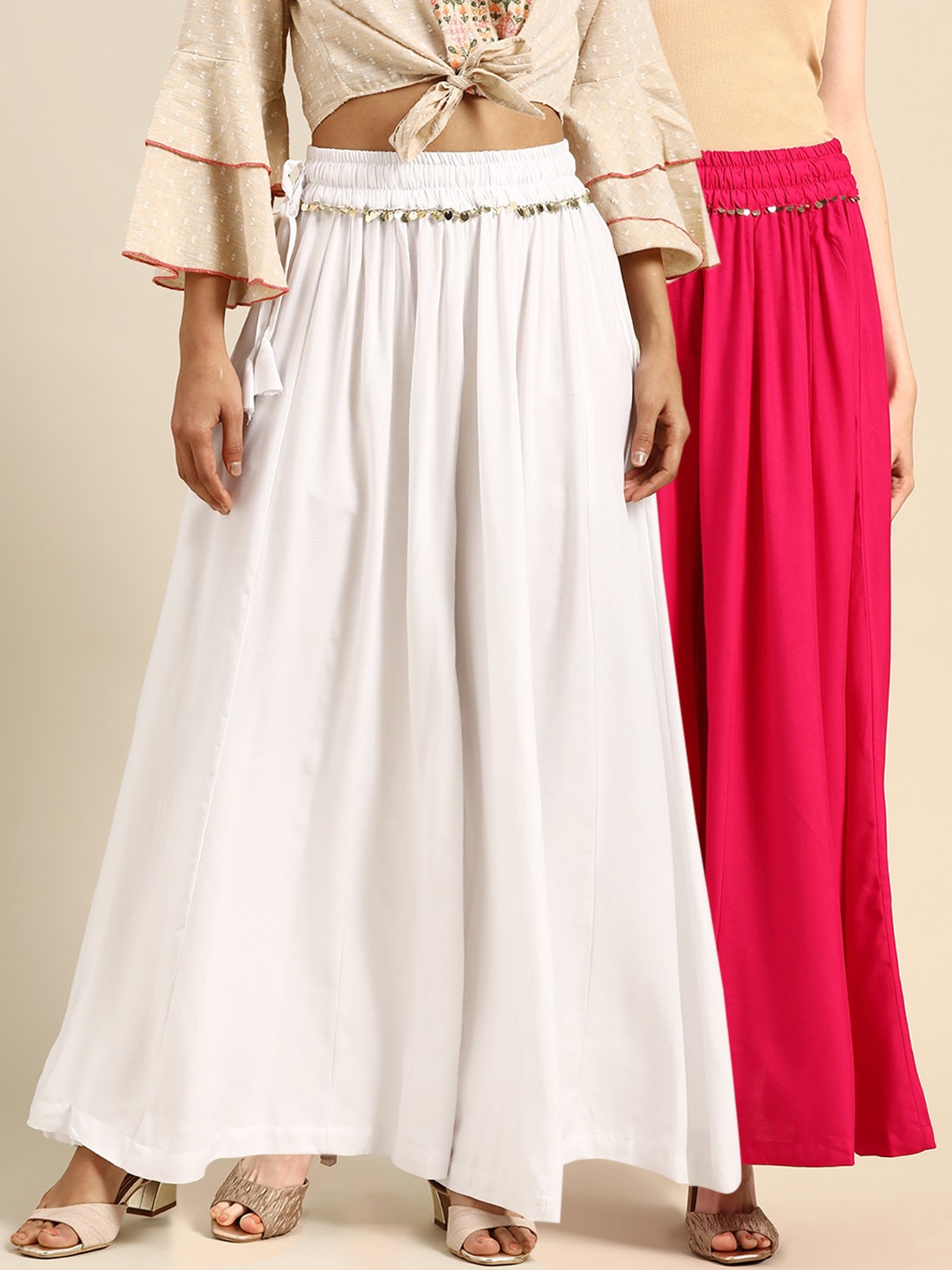 

TAG 7 Women Combo of 2 White & Pink Solid Flared Palazzos