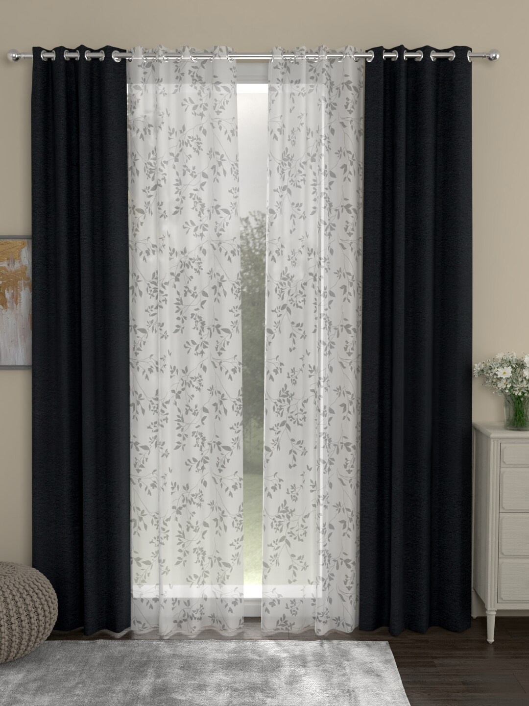

ROSARA HOME Charcoal & Off-White Set of 4 Door Curtains
