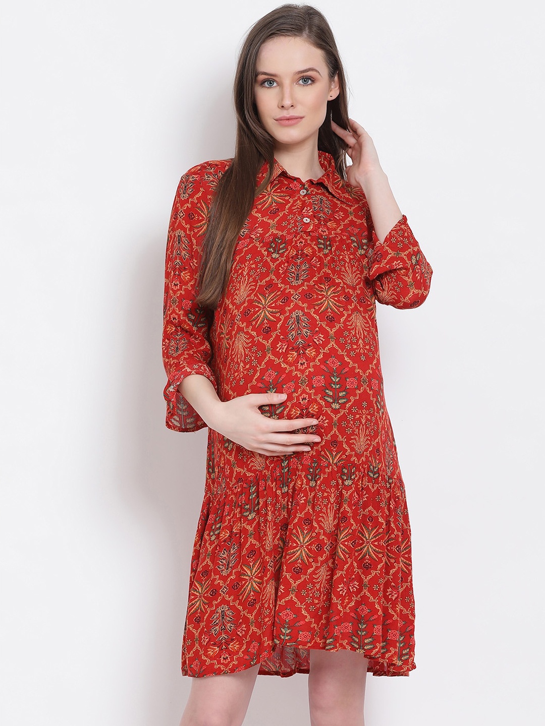 

Oxolloxo Women Red & Green Printed A-Line Maternity Dress