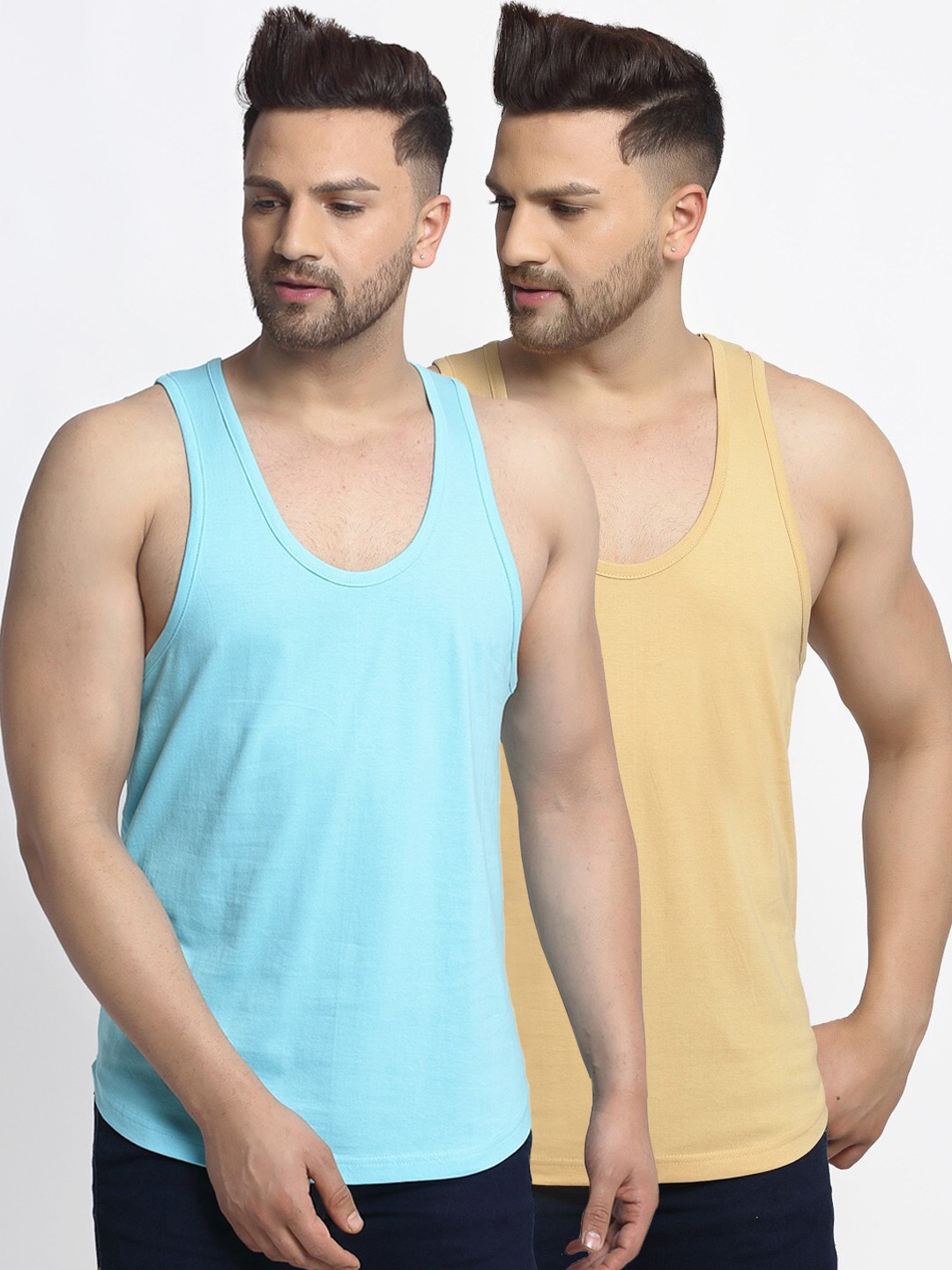 

Friskers Men Pack Of 2 Solid Cotton Gym Vests, Beige